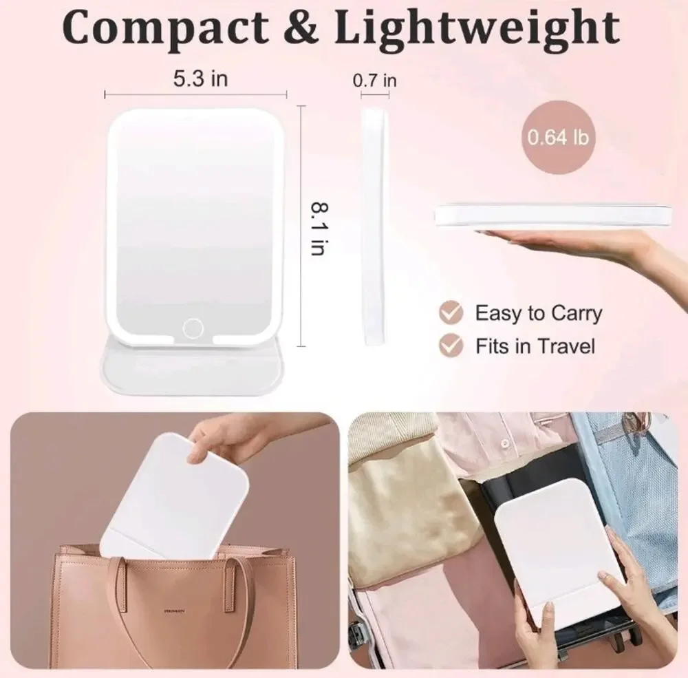 Led Vanity Mirror, Portable Mirror, Foldable Makeup Mirror With Light for Women